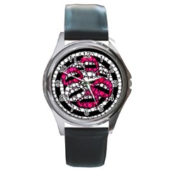 Bling Lips  Round Leather Watch (silver Rim) by OCDesignss