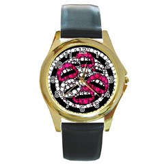 Bling Lips  Round Leather Watch (gold Rim)  by OCDesignss