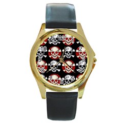 Red Black Skull Polkadots  Round Leather Watch (gold Rim)  by OCDesignss