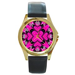 Hot Pink Glossy Round Leather Watch (gold Rim)  by OCDesignss