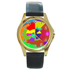 Pattern Round Leather Watch (Gold Rim) 