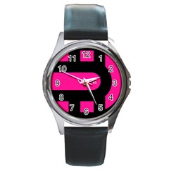 Hot Pink Black Vape  Round Leather Watch (silver Rim) by OCDesignss