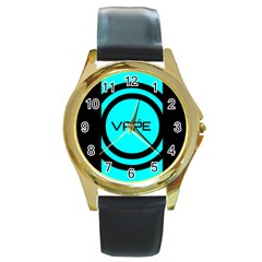 Turquoise Lines Vape   Round Leather Watch (gold Rim)  by OCDesignss