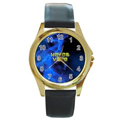 Wake&vape Blue Smoke  Round Leather Watch (gold Rim)  by OCDesignss