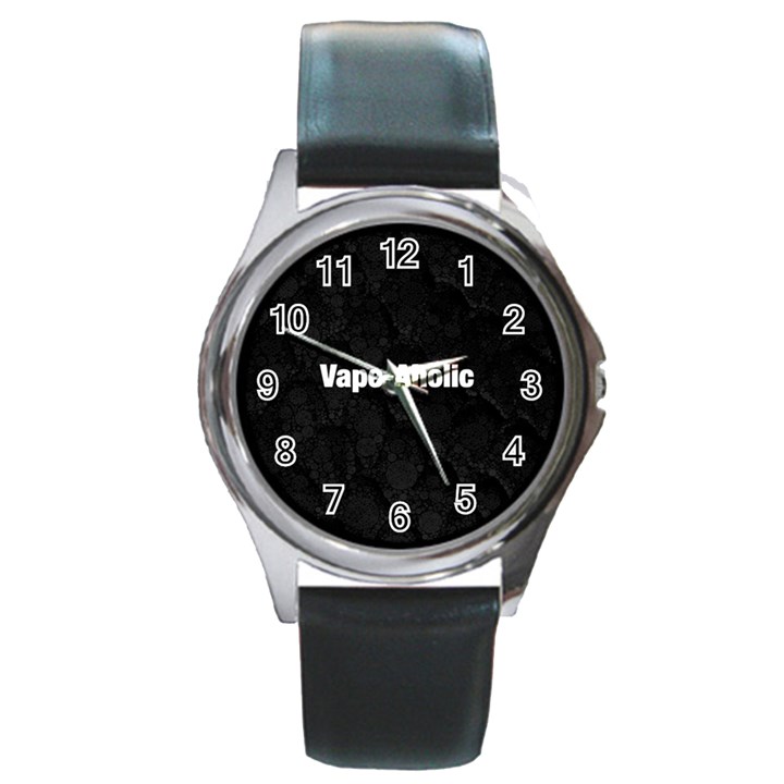 Vape Aholic Blk Snake  Round Leather Watch (Silver Rim)