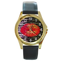 Abstract Lips  Round Leather Watch (gold Rim)  by OCDesignss