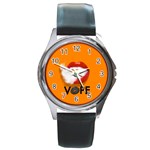 Lips Vape Smoke  Round Leather Watch (Silver Rim) Front