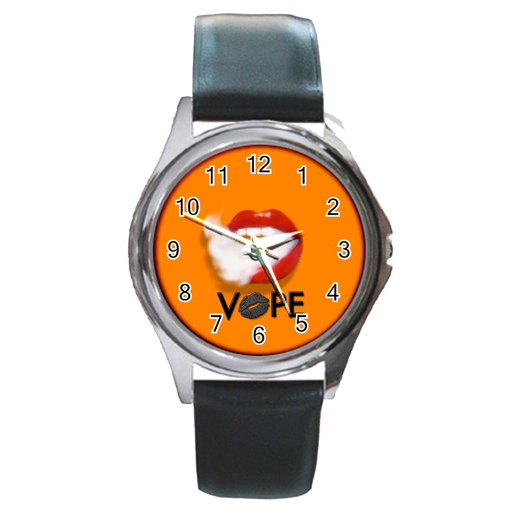 Lips Vape Smoke  Round Leather Watch (Silver Rim)