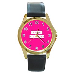 Vaping Kicks Ash Pink  Round Leather Watch (gold Rim)  by OCDesignss