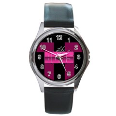 Like A Boss Shiny Pink Round Leather Watch (Silver Rim)