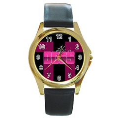 Like A Boss Shiny Pink Round Leather Watch (Gold Rim) 