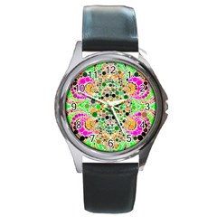 Florescent Abstract  Round Leather Watch (silver Rim) by OCDesignss