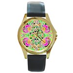 Florescent Abstract  Round Leather Watch (Gold Rim)  Front