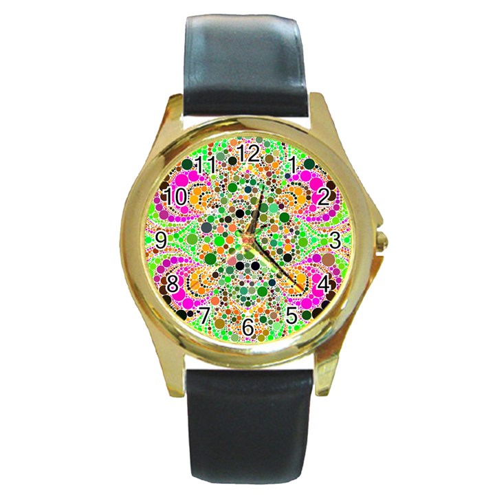 Florescent Abstract  Round Leather Watch (Gold Rim) 