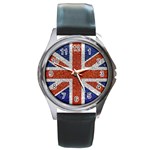 England Flag Grunge Style Print Round Leather Watch (Silver Rim) Front