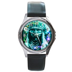 Magical Indian Chief Round Leather Watch (silver Rim) by icarusismartdesigns