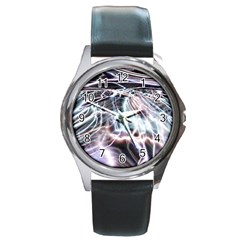 Solar Tide Round Leather Watch (silver Rim) by icarusismartdesigns