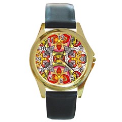 Crazy Lip Abstract Round Leather Watch (gold Rim)  by OCDesignss