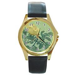 Yellow Rose Vintage Style  Round Leather Watch (gold Rim)  by dflcprints