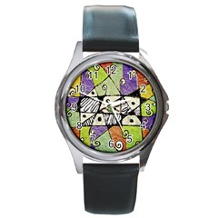 Multicolored Tribal Print Abstract Art Round Leather Watch (silver Rim) by dflcprints