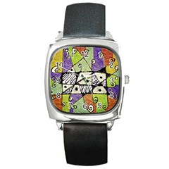 Multicolored Tribal Print Abstract Art Square Leather Watch by dflcprints