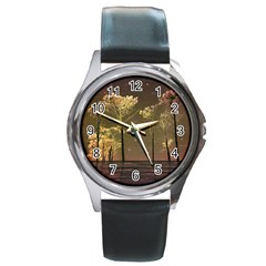 Fantasy Landscape Round Leather Watch (silver Rim) by dflcprints