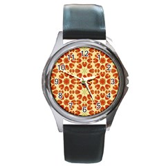 Colorful Floral Print Vector Style Round Leather Watch (Silver Rim)