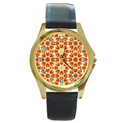 Colorful Floral Print Vector Style Round Leather Watch (Gold Rim) 