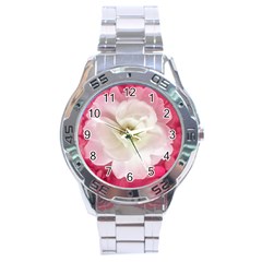 White Rose With Pink Leaves Around  Stainless Steel Watch by dflcprints