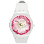 White Rose with Pink Leaves Around  Plastic Sport Watch (Medium) Front