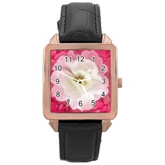 White Rose With Pink Leaves Around  Rose Gold Leather Watch  by dflcprints