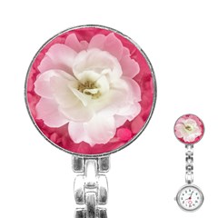 White Rose With Pink Leaves Around  Stainless Steel Nurses Watch by dflcprints