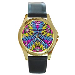 Crazy Zebra Print  Round Leather Watch (gold Rim)  by OCDesignss