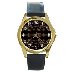 Dark Geometric Abstract Pattern Round Leather Watch (gold Rim)  by dflcprints