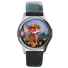 Fusion With The Landscape Round Leather Watch (silver Rim) by icarusismartdesigns