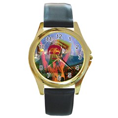 Fusion With The Landscape Round Leather Watch (gold Rim)  by icarusismartdesigns