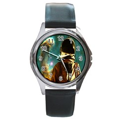 Lost In The Starmaker Round Leather Watch (silver Rim) by icarusismartdesigns