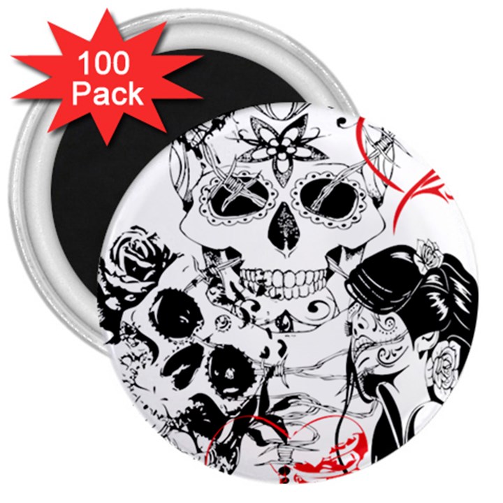 Skull Love Affair 3  Button Magnet (100 pack)