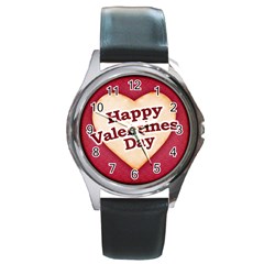 Heart Shaped Happy Valentine Day Text Design Round Leather Watch (silver Rim) by dflcprints