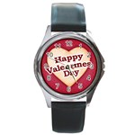 Heart Shaped Happy Valentine Day Text Design Round Leather Watch (Silver Rim) Front