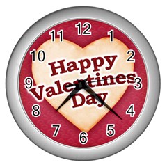 Heart Shaped Happy Valentine Day Text Design Wall Clock (silver) by dflcprints