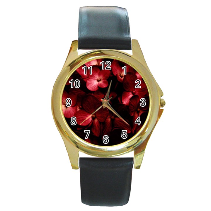 Red Flowers Bouquet in Black Background Photography Round Leather Watch (Gold Rim) 