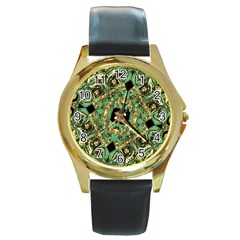 Luxury Abstract Golden Grunge Art Round Leather Watch (gold Rim)  by dflcprints