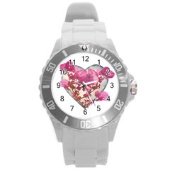 Heart Shaped with Flowers Digital Collage Plastic Sport Watch (Large)