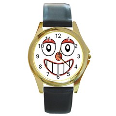 Happy Clown Cartoon Drawing Round Leather Watch (gold Rim)  by dflcprints