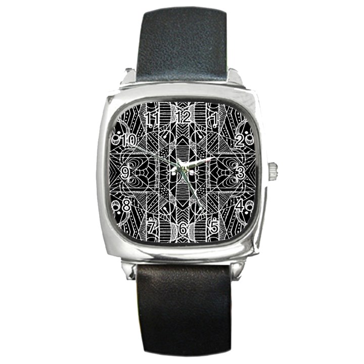 Black and White Tribal Geometric Pattern Print Square Leather Watch