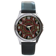 Digital Abstract Geometric Pattern In Warm Colors Round Leather Watch (silver Rim) by dflcprints