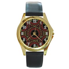 Digital Abstract Geometric Pattern In Warm Colors Round Leather Watch (gold Rim)  by dflcprints