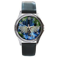 Magic Sword Round Leather Watch (silver Rim) by icarusismartdesigns