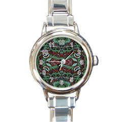 Tribal Ornament Pattern In Red And Green Colors Round Italian Charm Watch by dflcprints